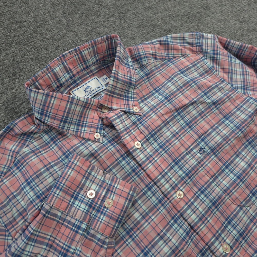 Southern Tide Shirt Mens M Pink Blue Plaid Intercoastal Stretch Performance Prep